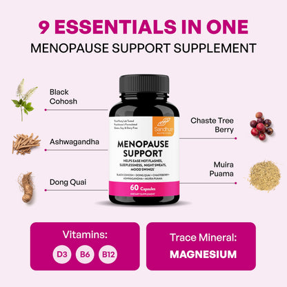 Complete Menopause Support Supplement For Women | With Ashwagandha, Black Cohosh, Dong Quai & Muira Puama | Helps Easing Hot Flashes, Night Sweats, Mood Swings, Hormone Balance & Harmony | 60 Capsules Sandhu'sBuy Supplements Australia