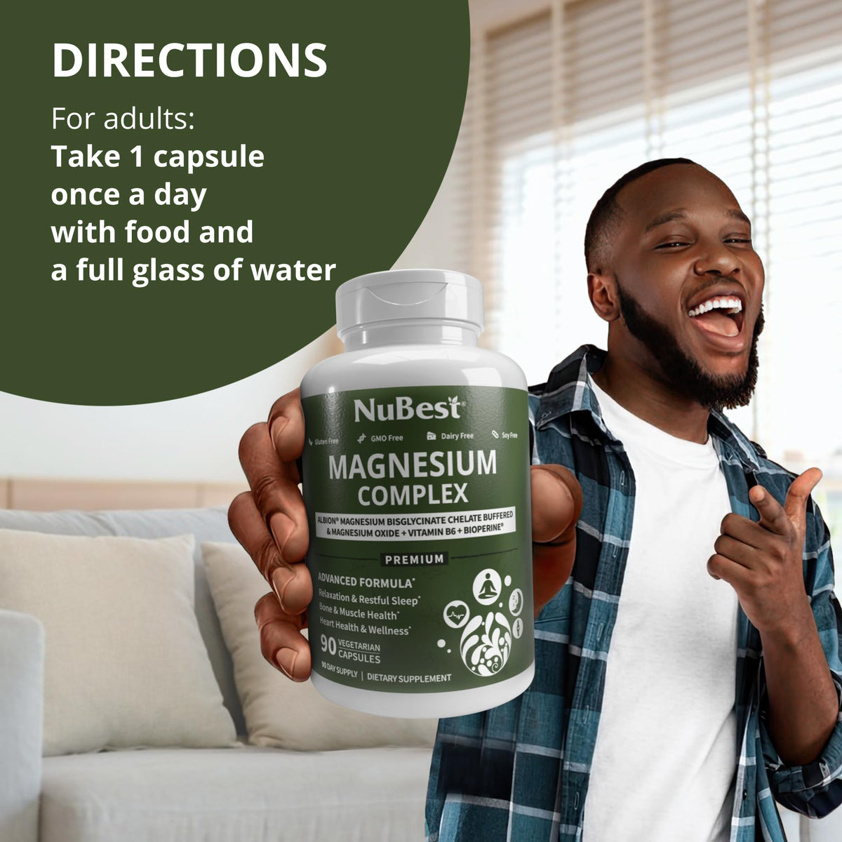 Magnesium Glycinate Chelate Complex with Albion Magnesium Bisglycinate Chelate, Vitamin B6 & BioPerine for Bone, Muscle, Natural Sleep,