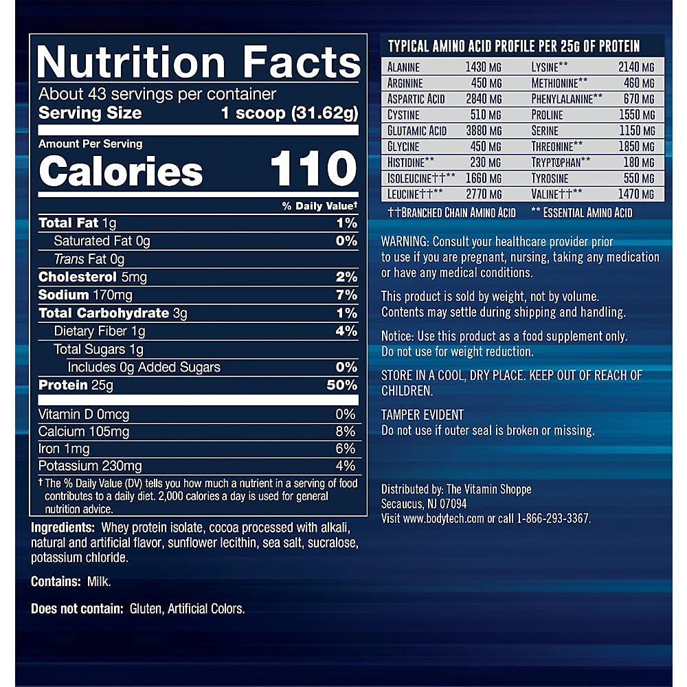 BODYTECH Whey Protein Isolate Powder - Rich Chocolate (3 lbs./43 Servings) BODYTECHBuy Supplements Australia