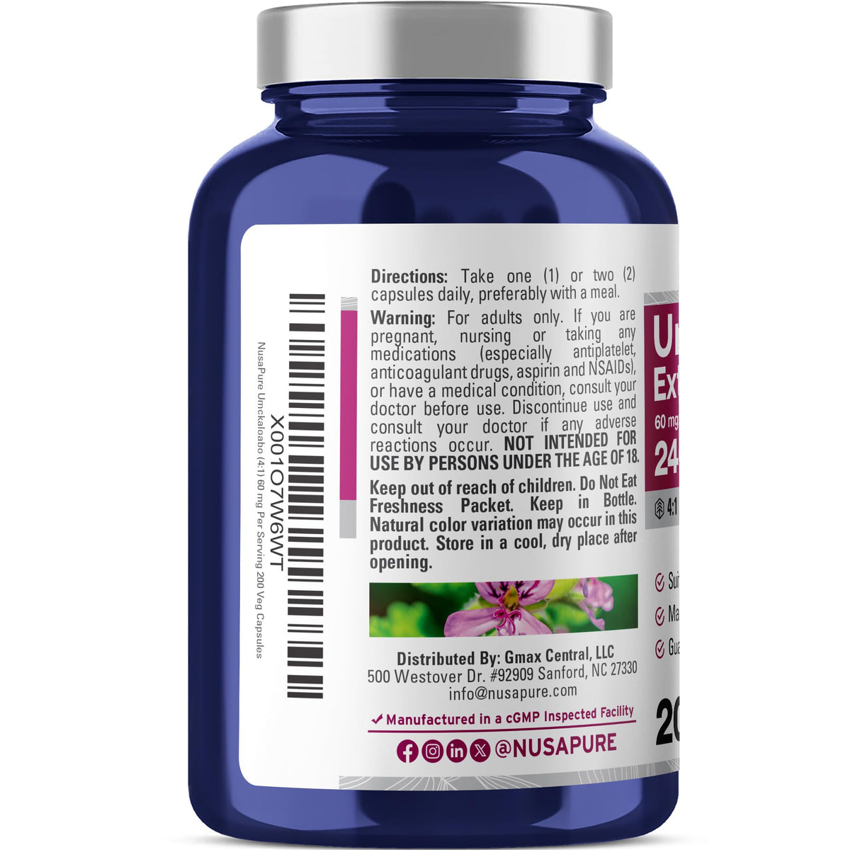 NusaPure Umckaloabo 4:1 Extract, 60 mg Equivalent to 240 mg Veggie Caps 200 Count (Non-GMO, Vegan) NusaPureBuy Supplements Australia