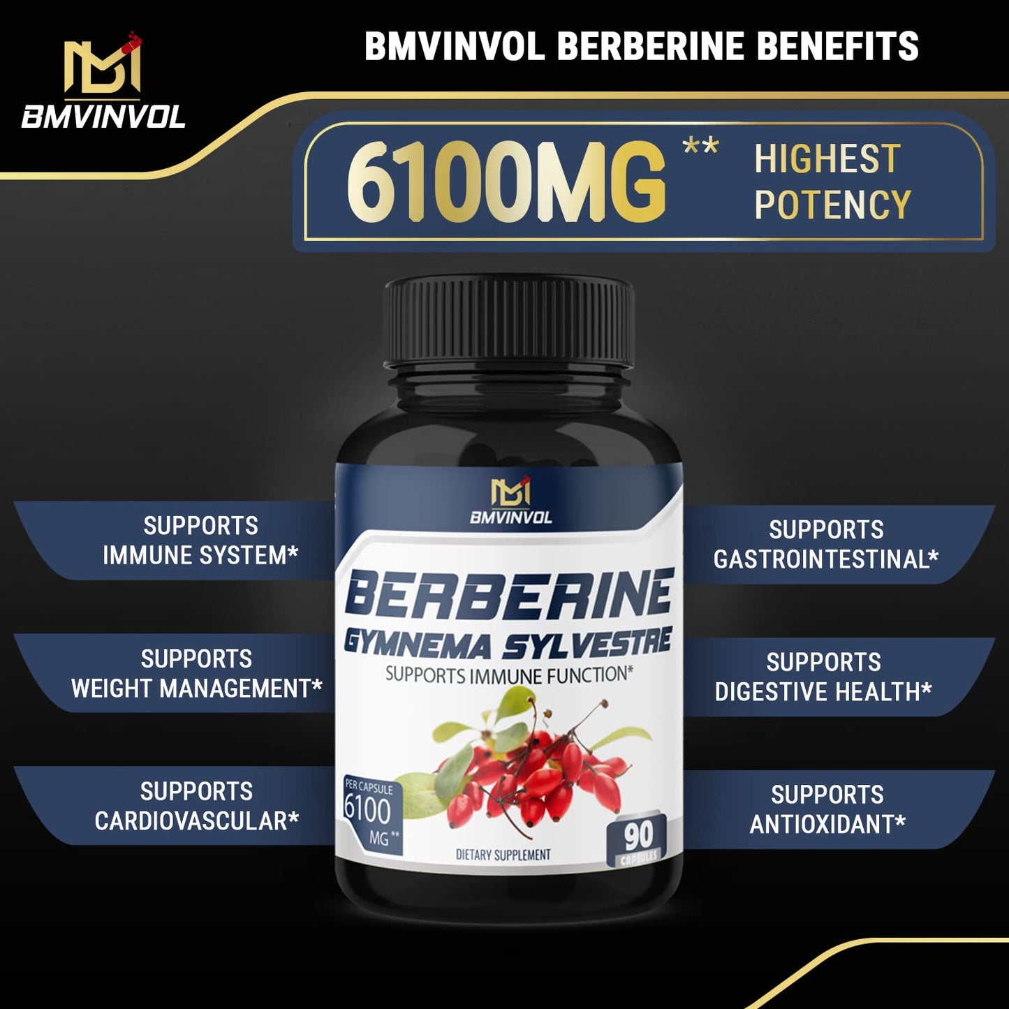 BMVINVOL 5-in-1 Berberine Supplement 6100mg with Ceylon Cinnamon, Gymnema BMVINVOLBuy Supplements Australia
