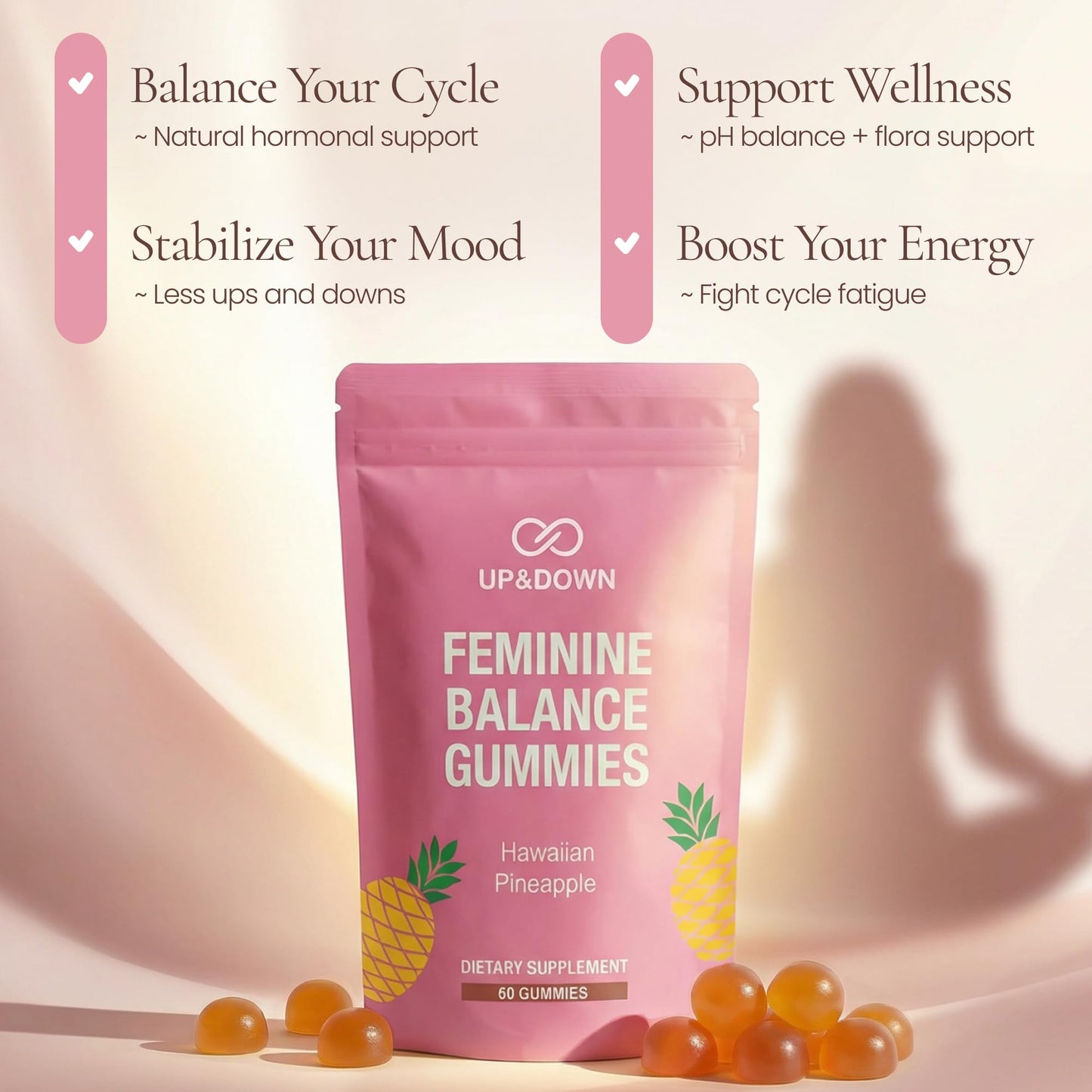 Up&Down Supplements Premium Feminine Balance Gummies for Women | PMS Relief, Mood & Cycle Support | Pineapple + Vitamin C | Ashwagandha & Chasteberry | Vegan, Non-GMO, Gluten Free | 60 Gummies Up&Down SupplementsBuy Supplements Australia