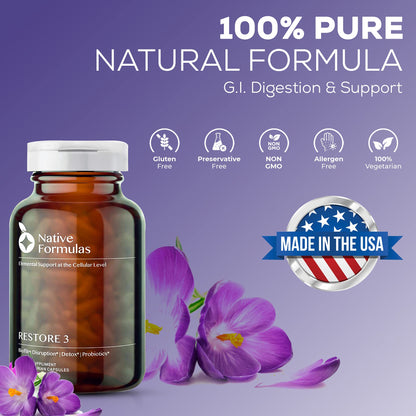 Native Formulas Restore 3 Proteolytic Enzyme & Spore Probiotic Blend Supplement - 60 Capsules - Advanced Biofilm Disruption Aid