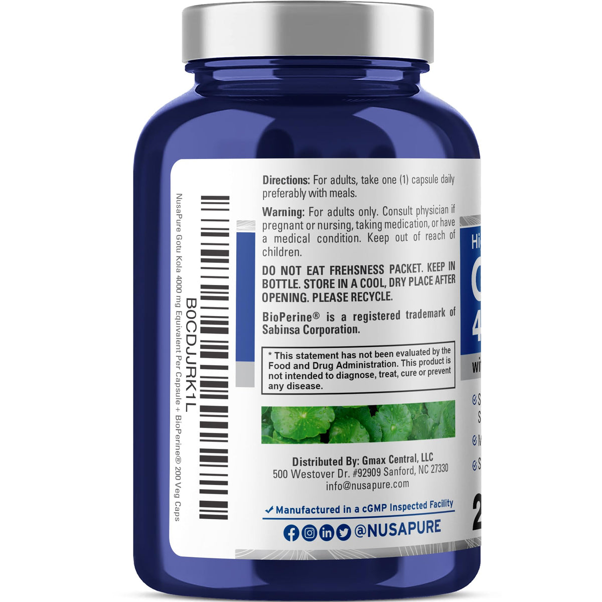 NusaPure Gotu Kola Capsules 20:1 Extract, 200 mg Equivalent to 4000mg Per Veggie Caps, 200 Count, Non-GMO, Vegan, Bioperine - Traditional Herb Extract NusaPureBuy Supplements Australia