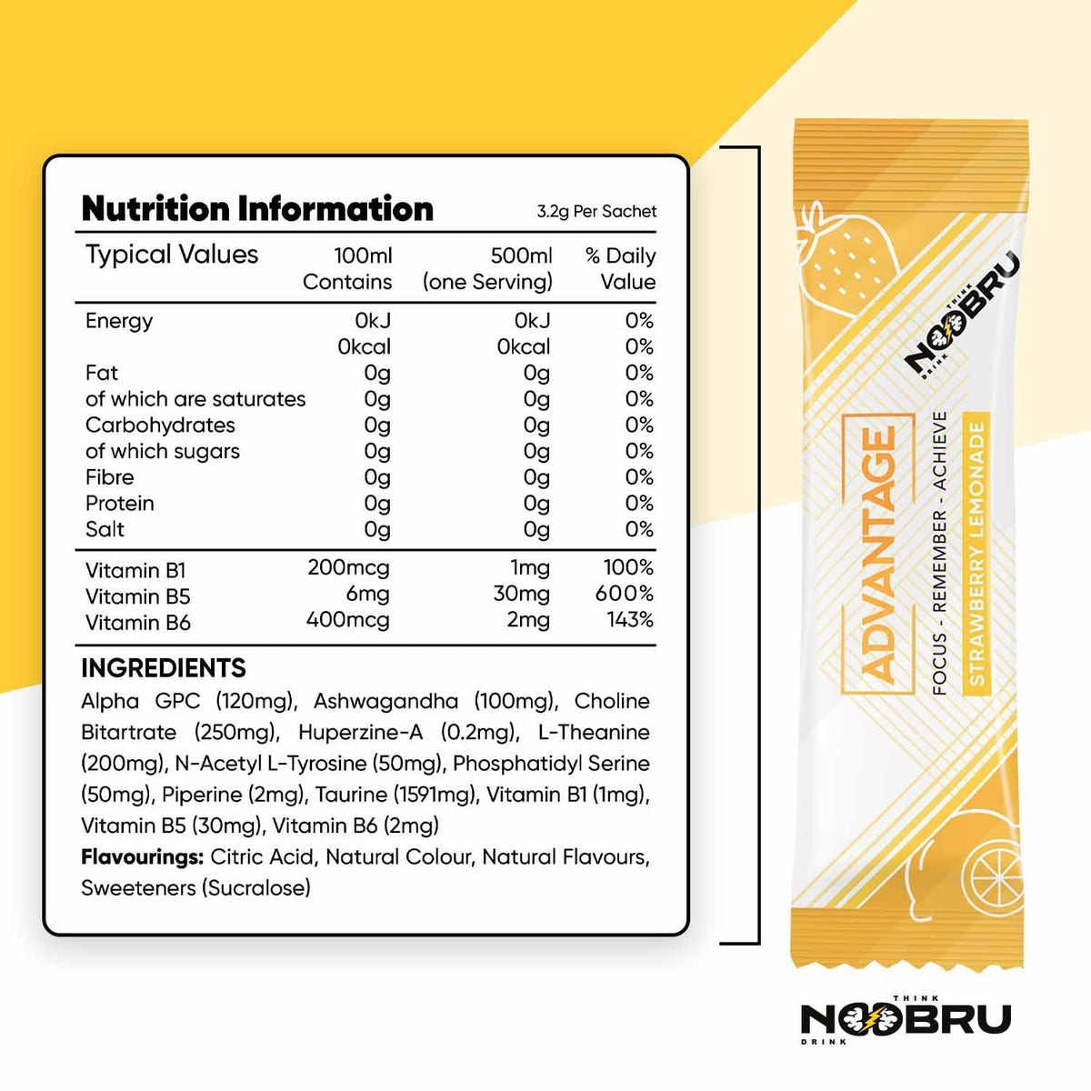 Noobru Аdvantage Nootropic - Delicious Nootropics Brain Supplement with 11 Active Ingredients - Natural Cognitive Enhancer - 20 Strawberry Lemonade Sachets - 1 Month Supply, 20 Count (Pack of 1) NoobruBuy Supplements Australia