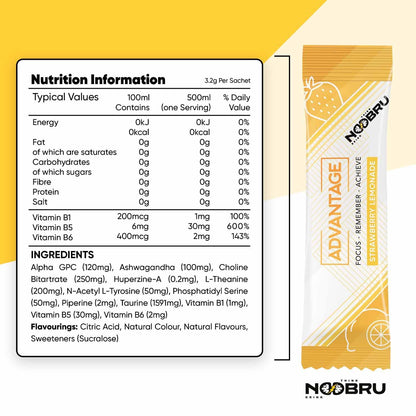 Noobru Аdvantage Nootropic - Delicious Nootropics Brain Supplement with 11 Active Ingredients - Natural Cognitive Enhancer - 20 Strawberry Lemonade Sachets - 1 Month Supply, 20 Count (Pack of 1) NoobruBuy Supplements Australia