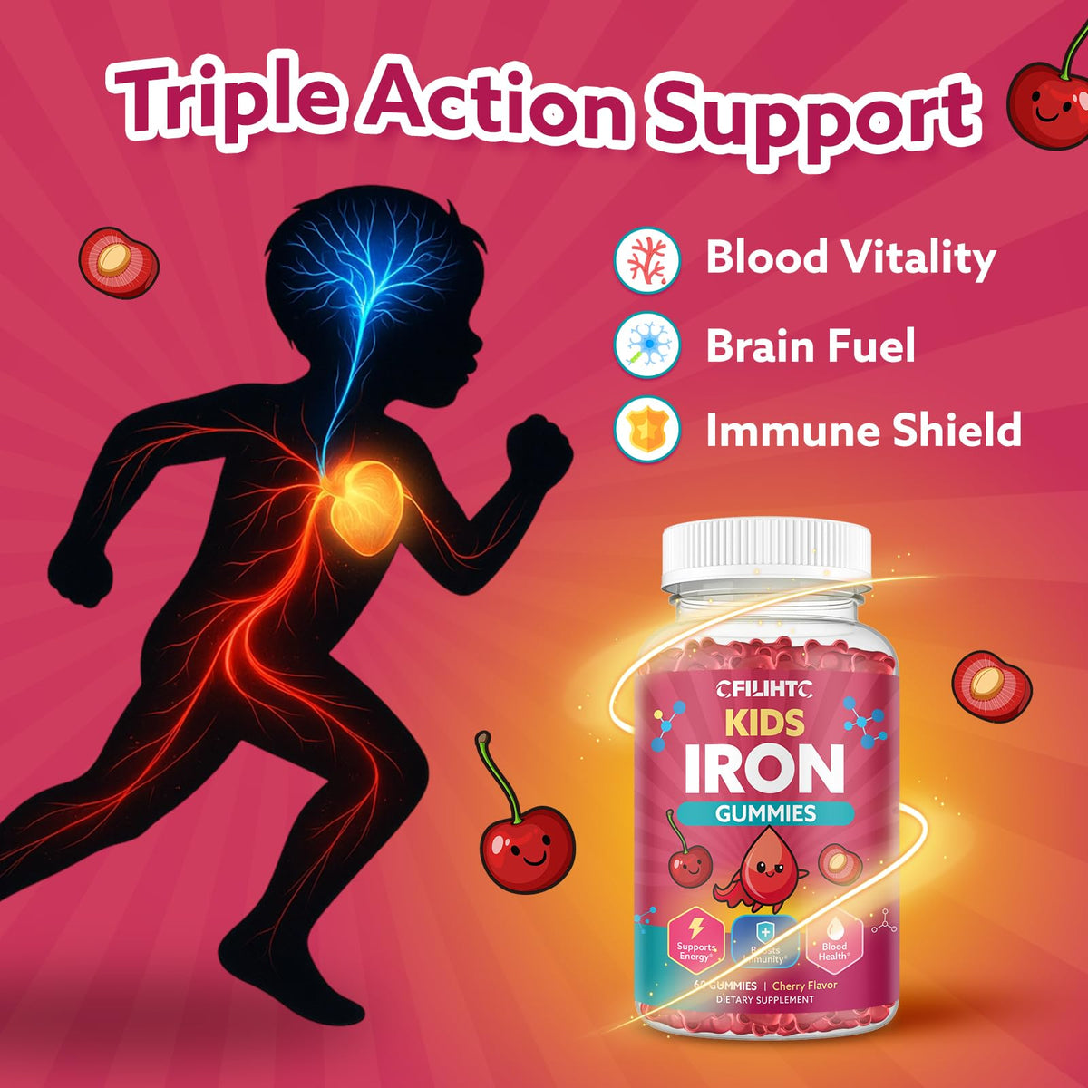 Iron Gummies for Kids & Teens, Kids Multivitamin with Iron Supplement, Calcium, Folate, Zinc, Prebiotic - for Blood Builder & Energy Support, Iron Deficiency - Vegan & Non-GMO - 60 Count Cherry CFILIHTCBuy Supplements Australia