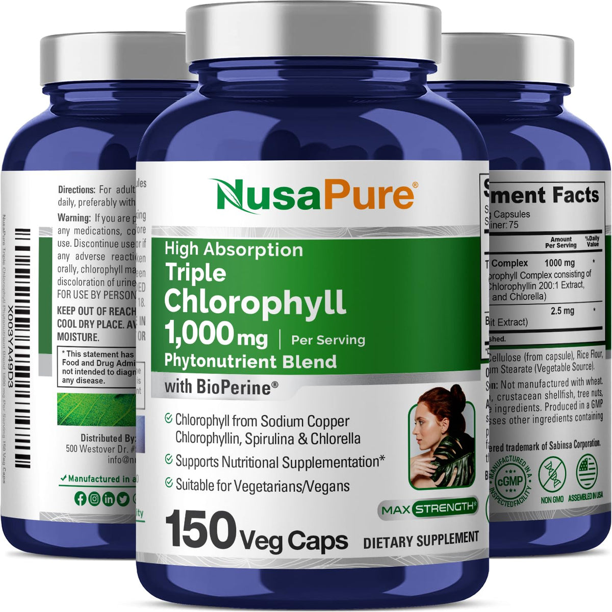 NusaPure High Absorption Triple Chlorophyll 1000 mg 150 Veg Caps Suitable for Vegetarians and Vegans, Non-GMO NusaPureBuy Supplements Australia