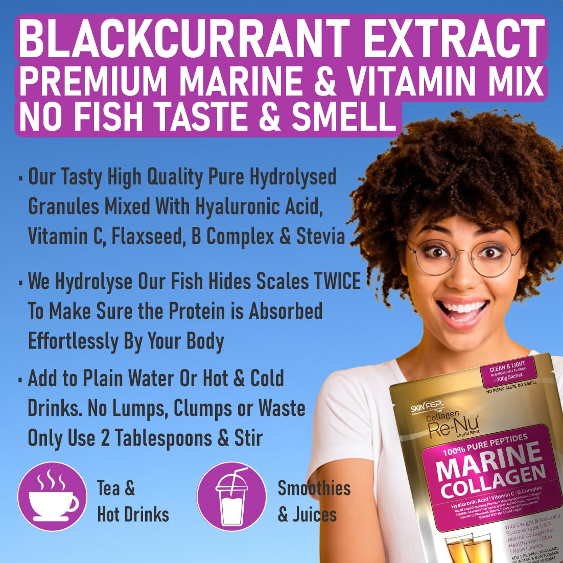 Premium Hydrolysed Marine Collagen Peptide Powder + VIT C, B Complex Hyaluronic Acid, & Stevia. Delicious Taste/No Fishy Smell - SkinPep® Collagen Re-Nu 300g - 30 Days Supply SkinPepBuy Supplements Australia