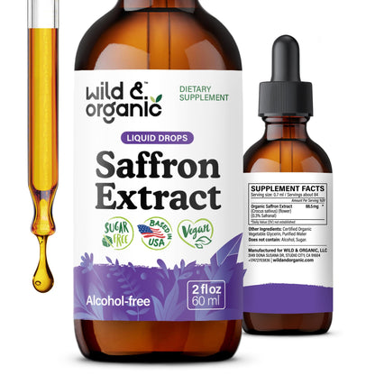 Wild & Organic Saffron Supplements 88.5 mg - Mood, Brain & Vision Support - Liquid Saffron Drops - Add to Tea - Crocus Sativus Herb Extract - Vegan, Sugar & Alcohol-Free Tincture - 2 fl oz Wild & Organic buy supplements Au