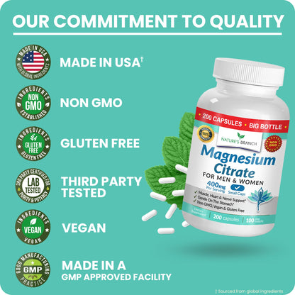 Magnesium Citrate 400mg | 200 Capsules, High Absorption for Sleep, Relax, Leg Cramps, Energy, Extra Strength Easy to Swallow Small Pills for Women & Men, Vegan Supplement for Digestion, Not Tablets NATURE'S BRANCHBuy Supplements Australia