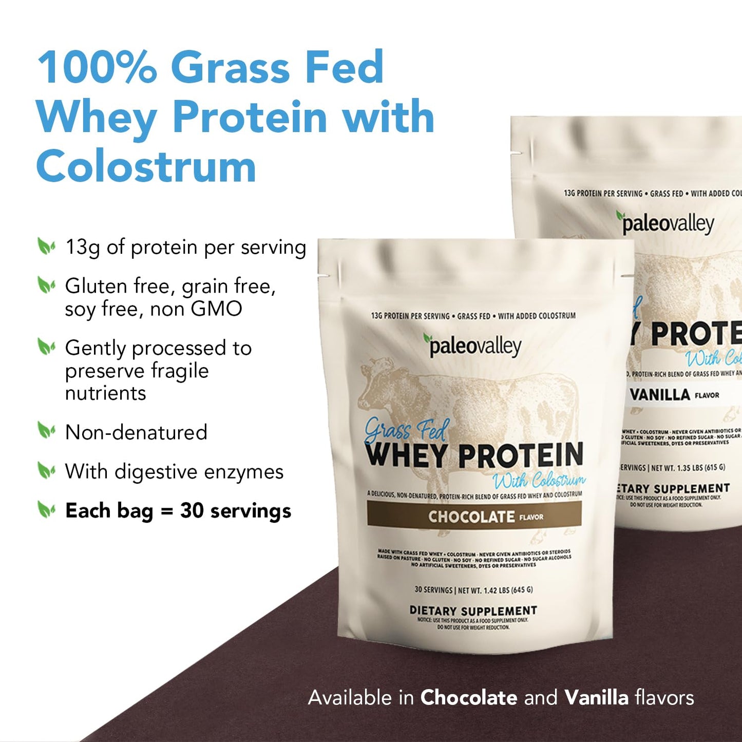 Paleovalley 100% Grassfed Whey Protein Powder with Colostrum, 30 Serving - Vanilla, 13g Protein, Muscle Building, Immune Support, Gut Health PaleovalleyBuy Supplements Australia