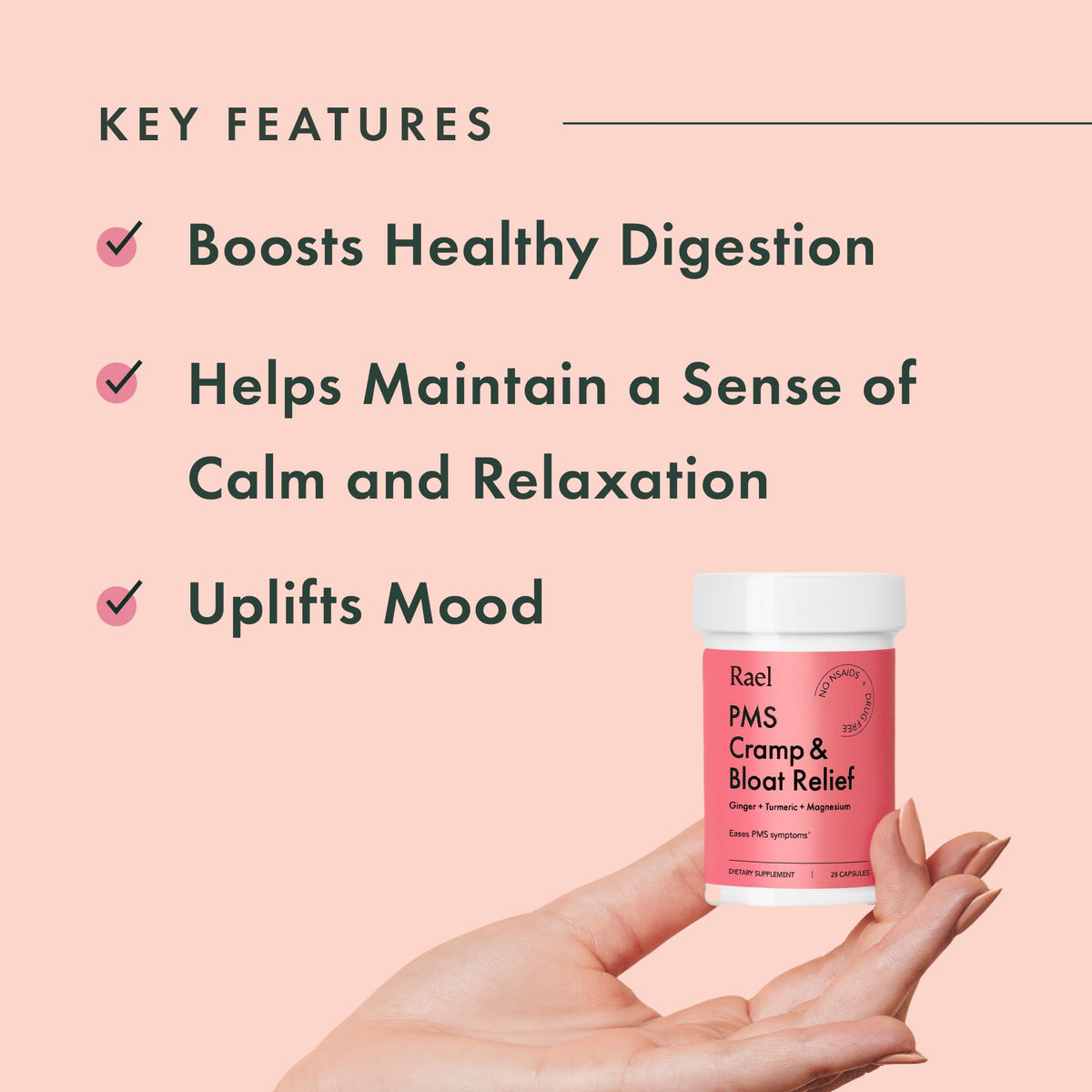 Rael PMS Supplement, Hormone Balance for Women, Relief from Menstrual Cramps with Turmeric, Ginger, Magnesium (28 Capsules) RaelBuy Supplements Australia