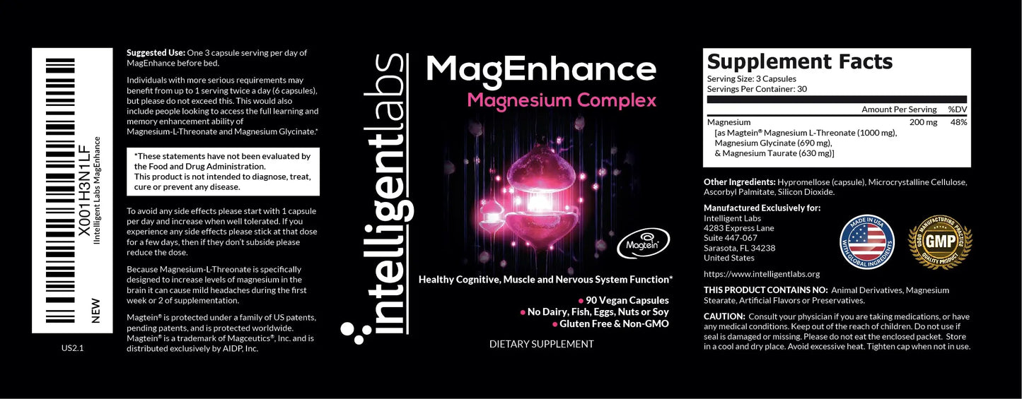 Intelligent Labs MagEnhance Magtein Magnesium Complex Supplement L-Threonate with Magnesium Glycinate and Taurate, 90 Capsules Intelligent Labs canada supplements