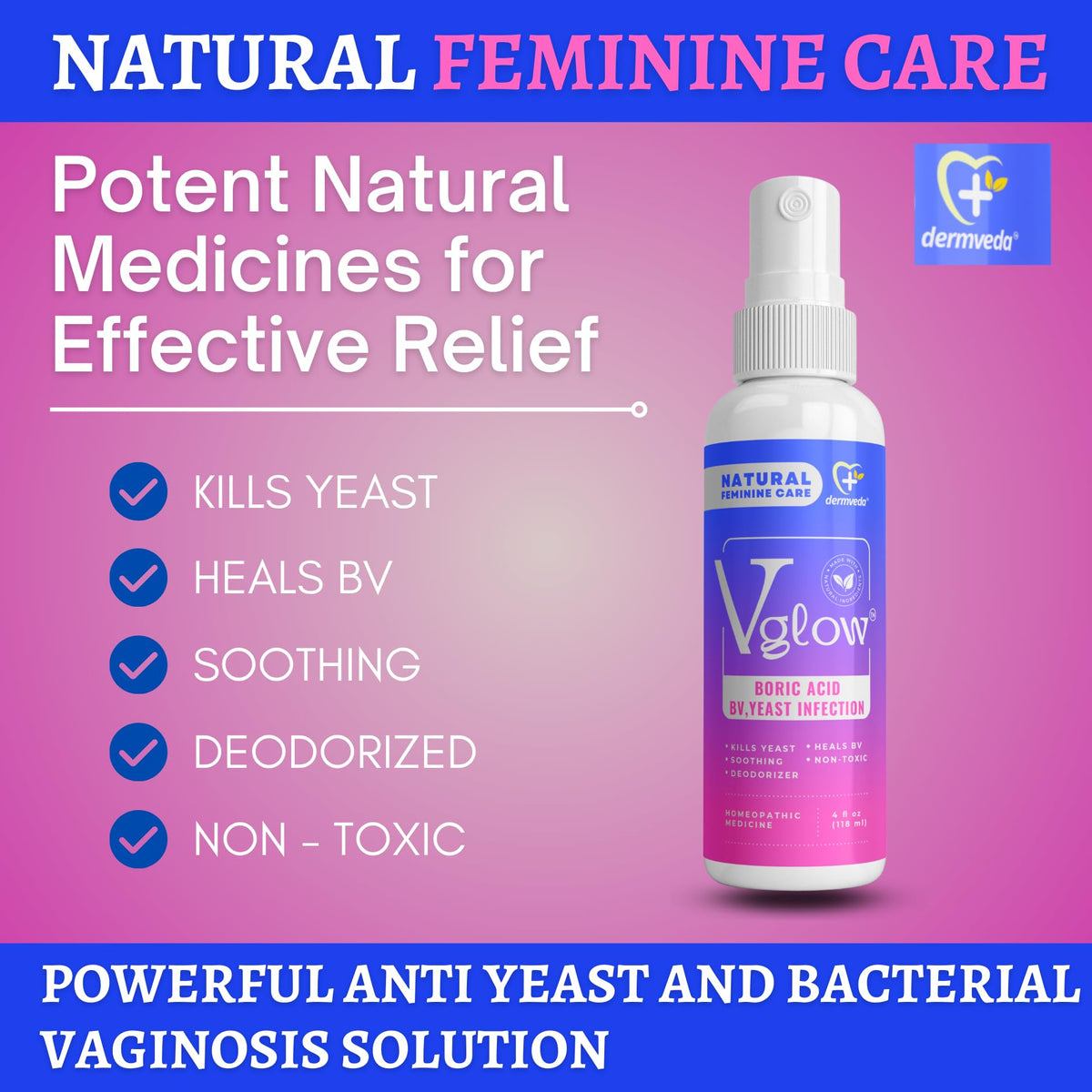 Dermveda Boric Acid BV Relief for Women - Natural Yeast Infection, Odor, Itch Relief Solution DermvedaBuy Supplements Australia