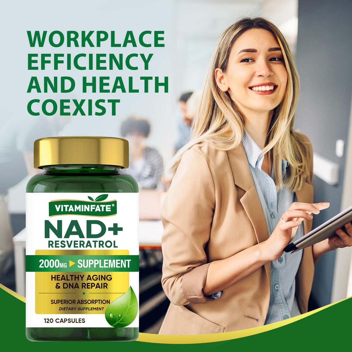 VITAMINFATE NAD+ Supplement 2000 mg - 120 Capsules True NAD+ & Resveratrol, NMN Alternative Supports Anti-Aging, Cellular Energy & Repair, Metabolism & Brain Boost for Men & Women VITAMINFATEBuy Supplements Australia