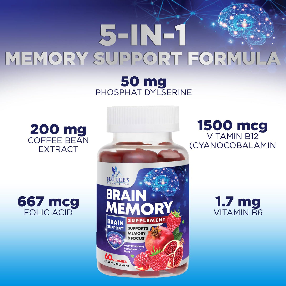 Brain Supplements for Memory & Focus Gummies - Brain Health Clarity with B6 B12 & Phosphatidylserine - Natural Nootropics Cognitive Concentration & Alertness Support Vitamins - 60 Vegan Gummies Nature's NutritionBuy Supplements Australia