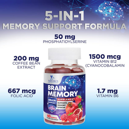 Brain Supplements for Memory & Focus Gummies - Brain Health Clarity with B6 B12 & Phosphatidylserine - Natural Nootropics Cognitive Concentration & Alertness Support Vitamins - 60 Vegan Gummies Nature's NutritionBuy Supplements Australia