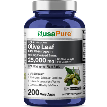 NusaPure Olive Leaf 20% Oleuropein 50:1 Extract, 500 mg Equivalent to 25,000 mg 200 Veg Caps Suitable for Vegetarians and Vegans, Non-GMO NusaPureBuy Supplements Australia