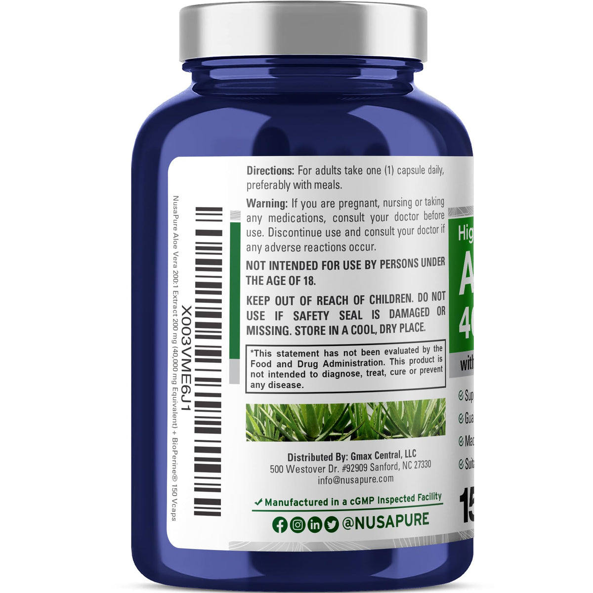 NusaPure Aloe Vera 40,000mg Per Veggie Caps - 150 Count - Aloe Vera Gel Supplement - Extract 200:1, Vegetarian, Non-GMO, Bioperine NusaPureBuy Supplements Australia