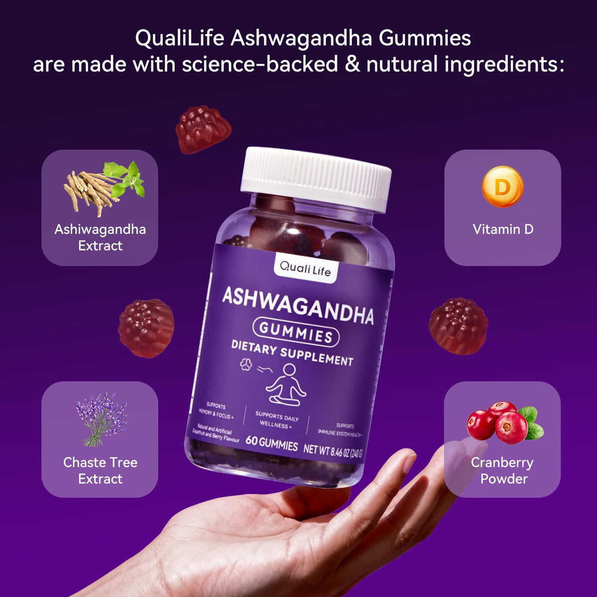 QualiLife Ashwagandha Gummies for Relax & Cortisol Support – High Strength Root Extract with Cranberry & Chaste Tree, Grapefruit & Berry Flavour – Vegan, Non-GMO, Gluten-Free – 60 Gummies (30 Days) QualiLifeBuy Supplements Australia