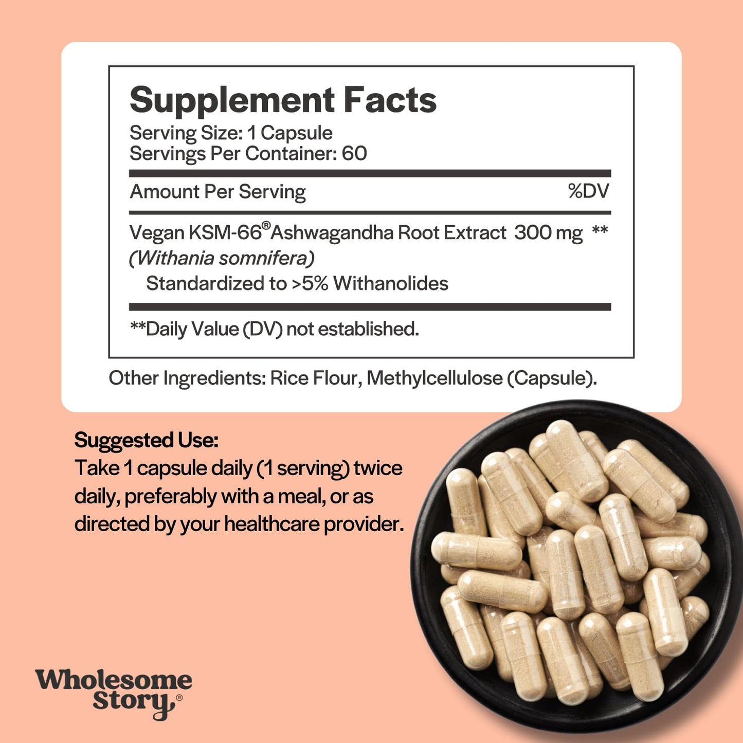 Vegan KSM 66 Ashwagandha Capsules| High Potency 5% Withanolides | Ashwagandha Root Extract Supplements | Ashwagandha 300mg | Stress Management & Well Being Support | 60 Ashwaganda Pills Wholesome StoryBuy Supplements Australia