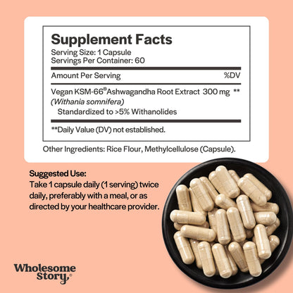 Vegan KSM 66 Ashwagandha Capsules| High Potency 5% Withanolides | Ashwagandha Root Extract Supplements | Ashwagandha 300mg | Stress Management & Well Being Support | 60 Ashwaganda Pills Wholesome StoryBuy Supplements Australia