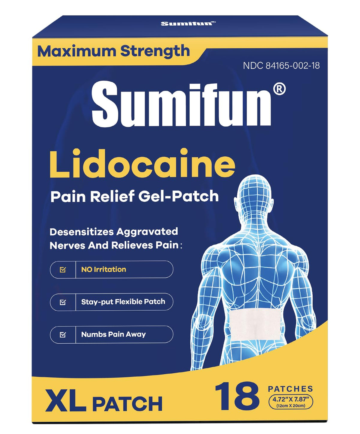 Sumifun 4% Lidocaine XL Pain Patches | Extra Large 4.72"x7.87" for Full Back & Thigh Coverage | Maximum Strength OTC Numbing | 8-Hour Medical Adhesion (X-Large, Count, 18) SumifunBuy Supplements Australia