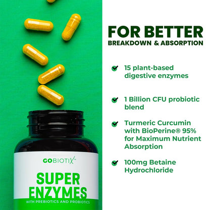GoBiotix Digestive Enzymes Supplement with Prebiotics and Probiotics for Women and Men - Gut Health, Gluten Digestion, Lactose Absorption