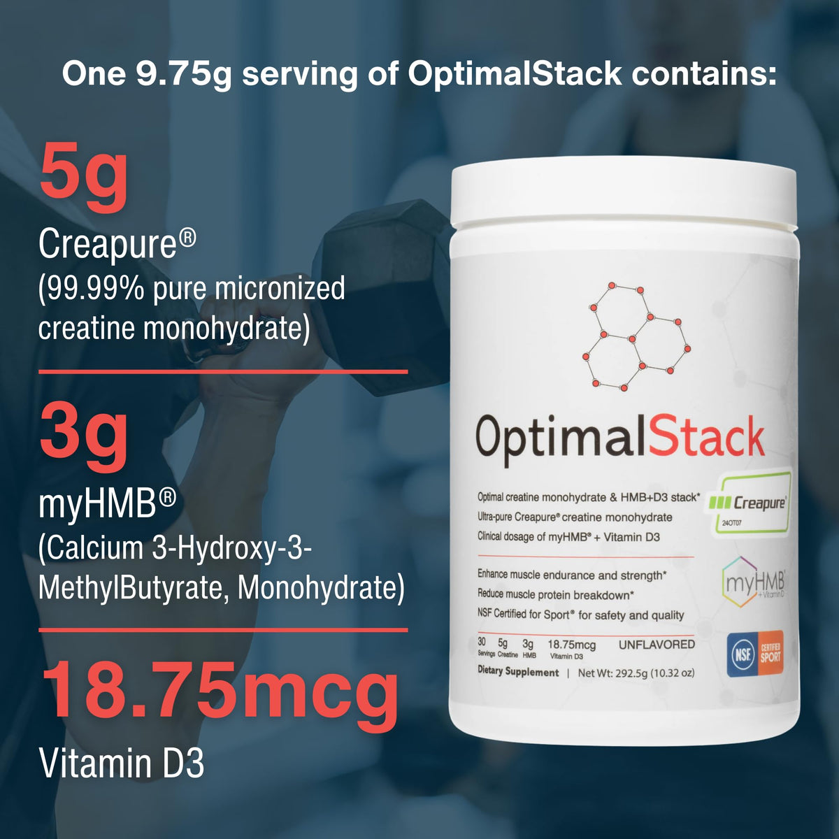 OptimalStack Creatine Monohydrate, HMB, & Vitamin D3 Stack | with Creapure Creatine, Clinical Dosage of myHMB, and Vitamin D3 | NSF for Sport Certified | Unflavored, 30 Servings OptimalAminoBuy Supplements Australia