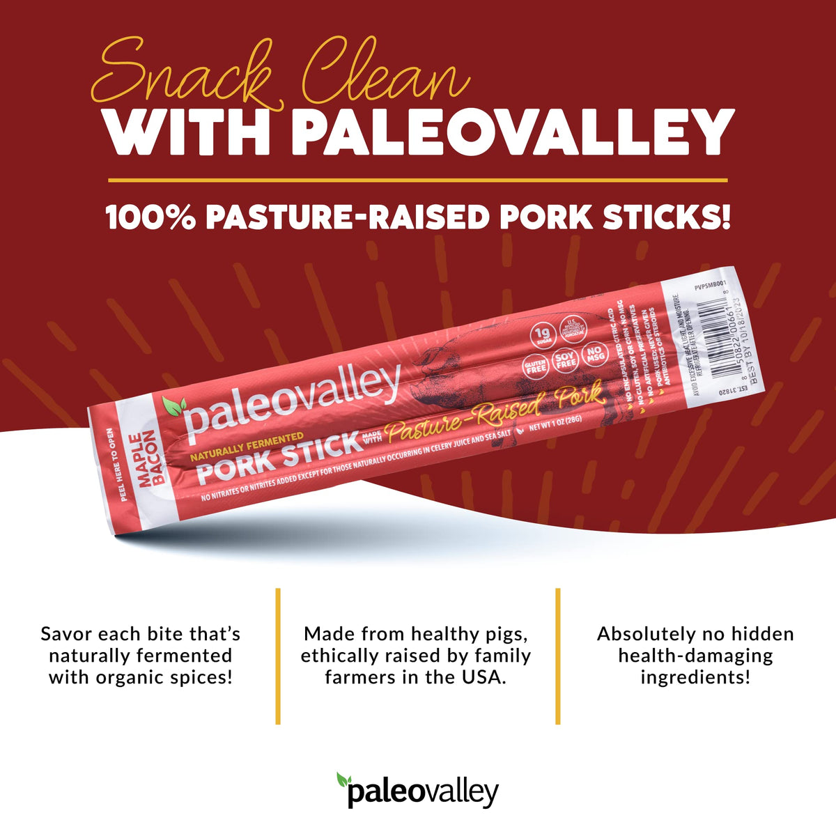 Paleovalley Pasture-Raised Pork Sticks - Maple Bacon Flavor Meat Sticks Individually Wrapped, 28g - 10 Sticks - Gluten-Free Protein Snack PaleovalleyBuy Supplements Australia