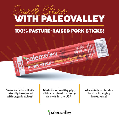 Paleovalley Pasture-Raised Pork Sticks - Maple Bacon Flavor Meat Sticks Individually Wrapped, 28g - 10 Sticks - Gluten-Free Protein Snack PaleovalleyBuy Supplements Australia
