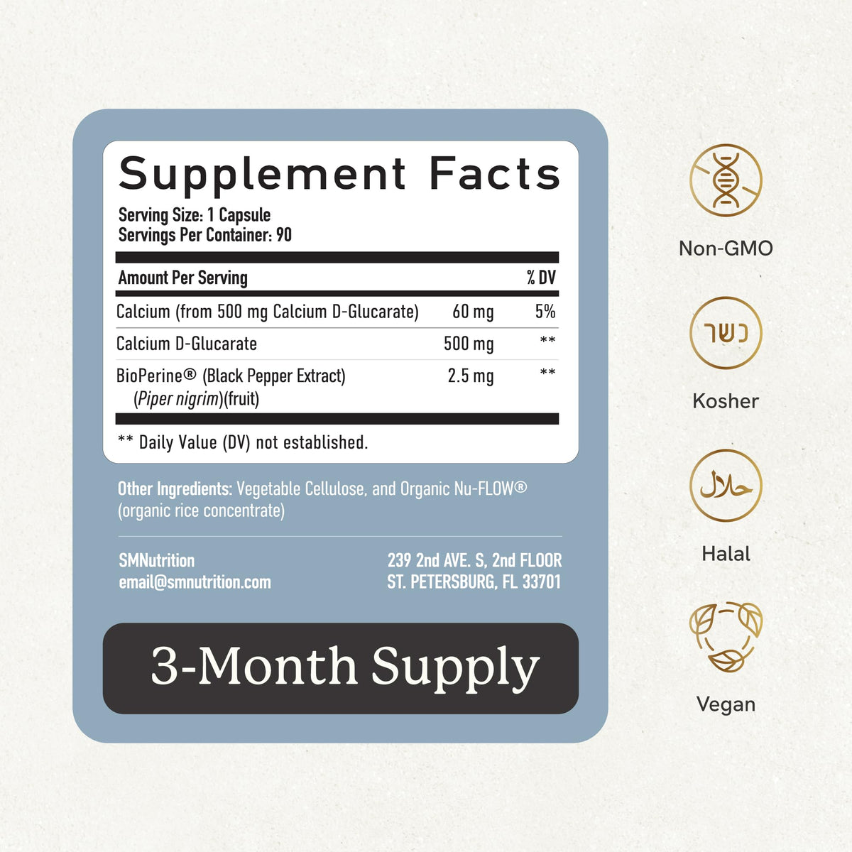 Calcium D-Glucarate | 500MG | CDG for Liver Detox and Cleanse, Hormone Balance, and Menopause Support | Calcium Supplement | Vegan, Non-GMO, Third-Party Tested | 90 Capsules (3-Month Supply) SMNutritionBuy Supplements Australia