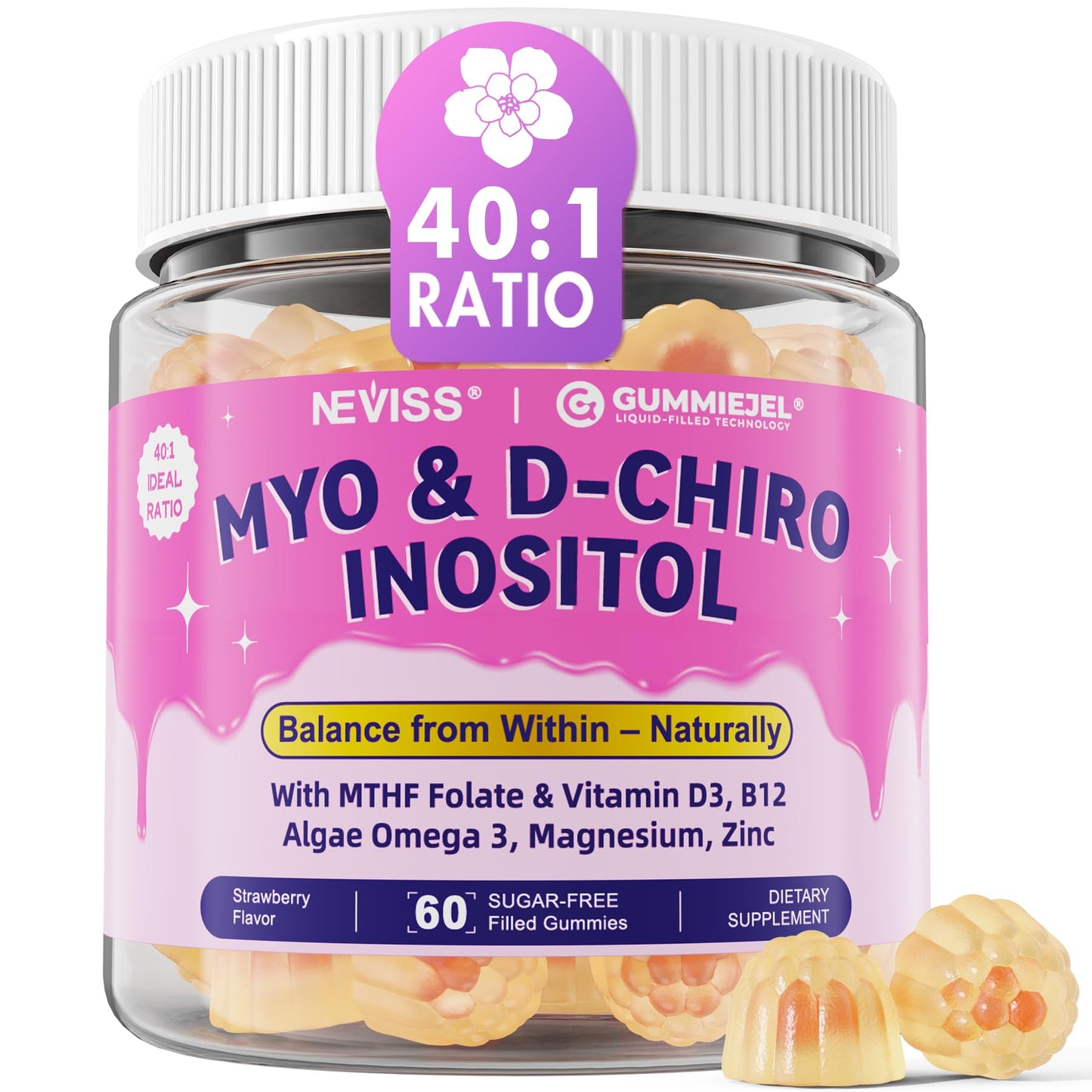 Myo-Inositol & D-Chiro Inositol, Hormone Balance for Women | Sugar Free Inositol Gummies w/Omega 3, MTHF Folate, Vitamin D3, B12, Magnesium & Zinc for Ovarian Health, Ideal 40:1 Ratio, Vegan, 60 Cts NEVISSBuy Supplements Australia