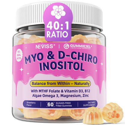 Myo-Inositol & D-Chiro Inositol, Hormone Balance for Women | Sugar Free Inositol Gummies w/Omega 3, MTHF Folate, Vitamin D3, B12, Magnesium & Zinc for Ovarian Health, Ideal 40:1 Ratio, Vegan, 60 Cts NEVISSBuy Supplements Australia