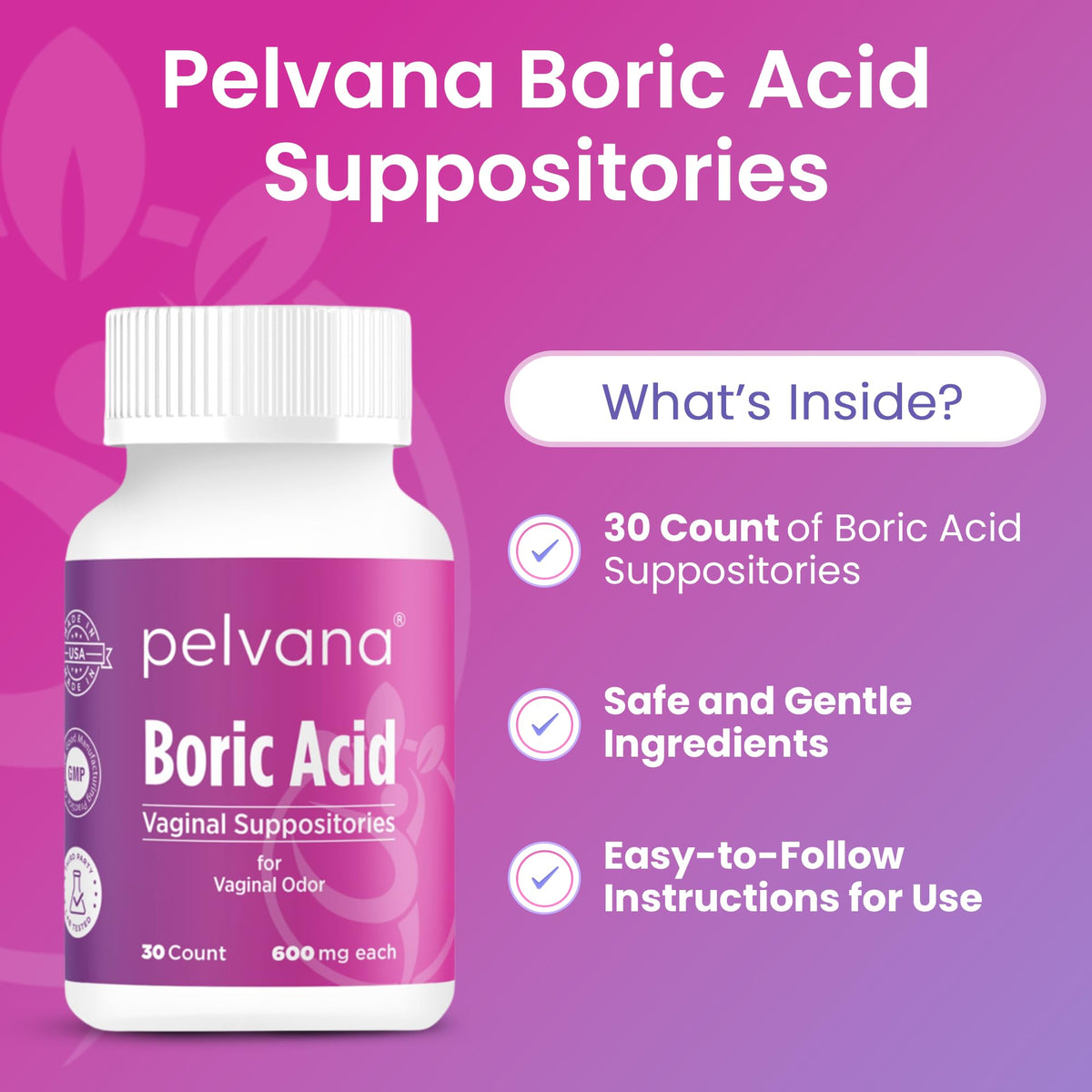 Pelvana Boric Acid Suppositories for Women - 30 Count - 600mg Boric Acid Capsules for Vaginal Odor Use PelvanaBuy Supplements Australia