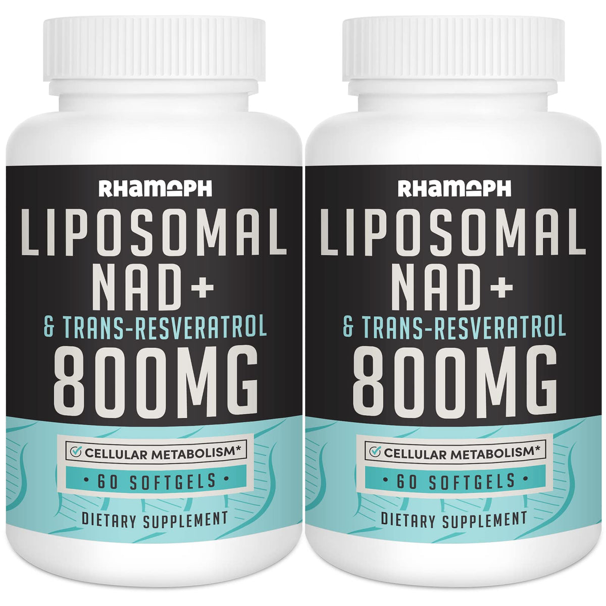 Two bottles of Rhamph Liposomal NAD+ & Trans-Resveratrol 800MG dietary supplements on a white background.