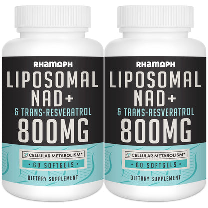 Two bottles of Rhamph Liposomal NAD+ & Trans-Resveratrol 800MG dietary supplements on a white background.
