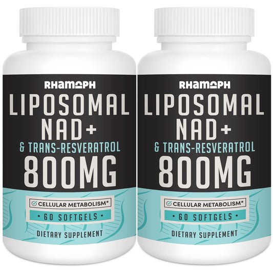 Two bottles of Rhamph Liposomal NAD+ & Trans-Resveratrol 800MG dietary supplements on a white background.