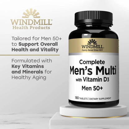 Windmill Natural Vitamins Men’s Multi 50+, with Vitamin D3, Mens Multivitamins for Daily Nutritional Support, Multivitamin for Men, 180 Tablet, 180 Day Supply Windmill