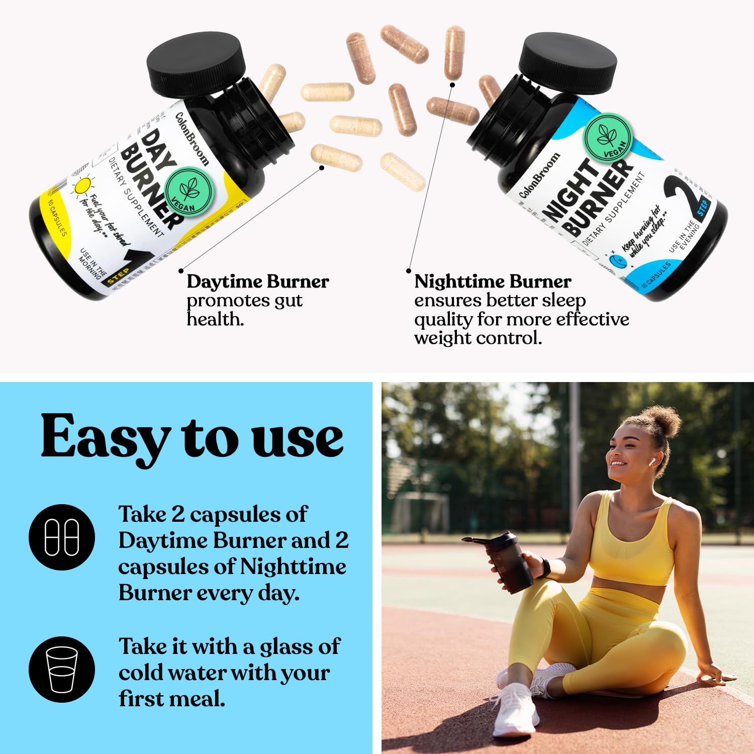 ColonBroom Psyllium Husk Powder, Colon Broom Colon Cleanser Fiber Supplement for Bloating Relief & Gut Health + Day & Night Burner Supplements, Weight Management Pills (60 & 50 Servings), 3 Items ColonBroomBuy Supplements Australia