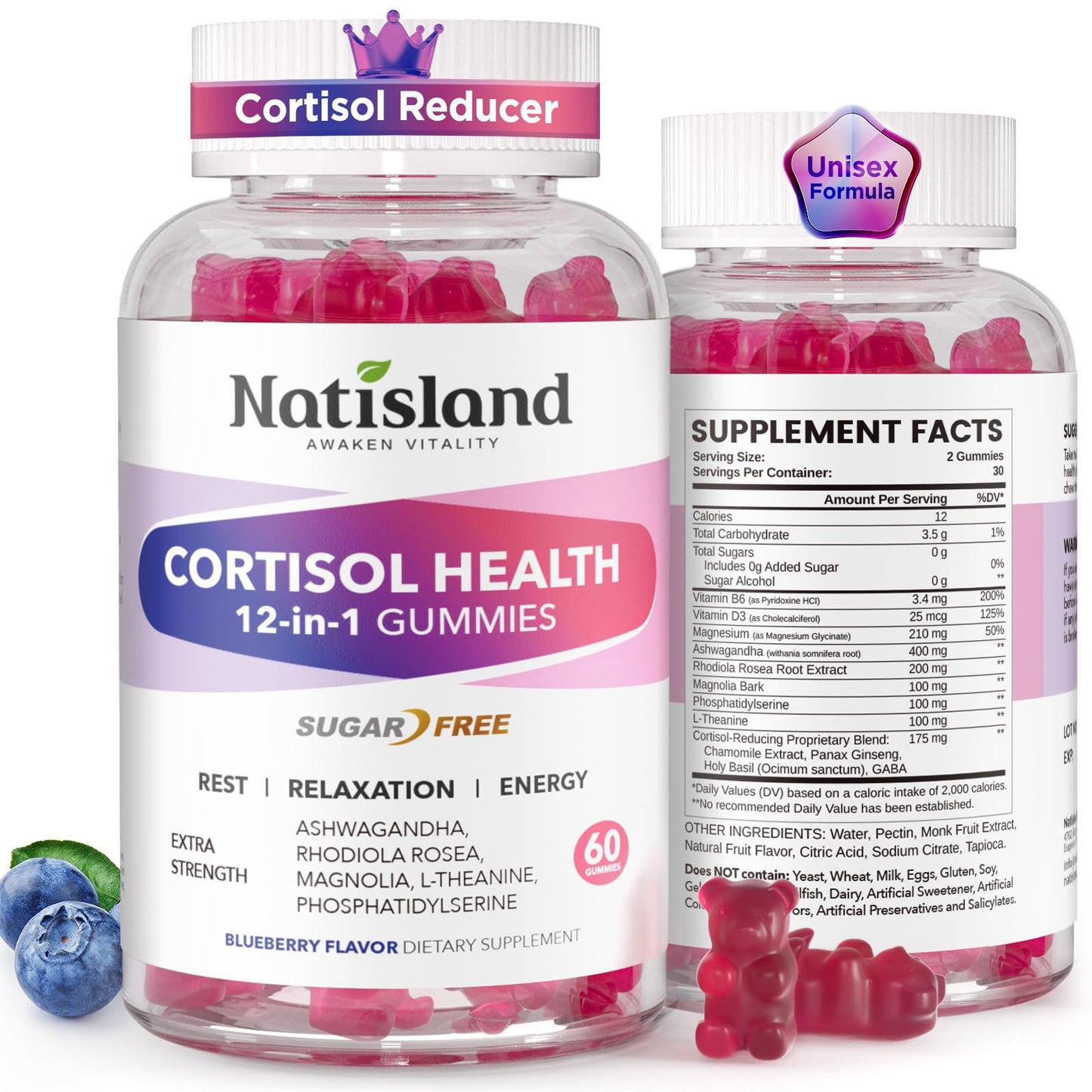 Cortisol Gummies, 12-in-1 Cortisol Reducer, with Magnesium Glycinate, Ashwagandha, L-Theanine, Phosphatidylserine, Vitamin B6 & D3, Rhodiola Rosea, for Men & Women, Sugar-Free, Vegan, NON-GMO, 60CT NATISLANDBuy Supplements Australia