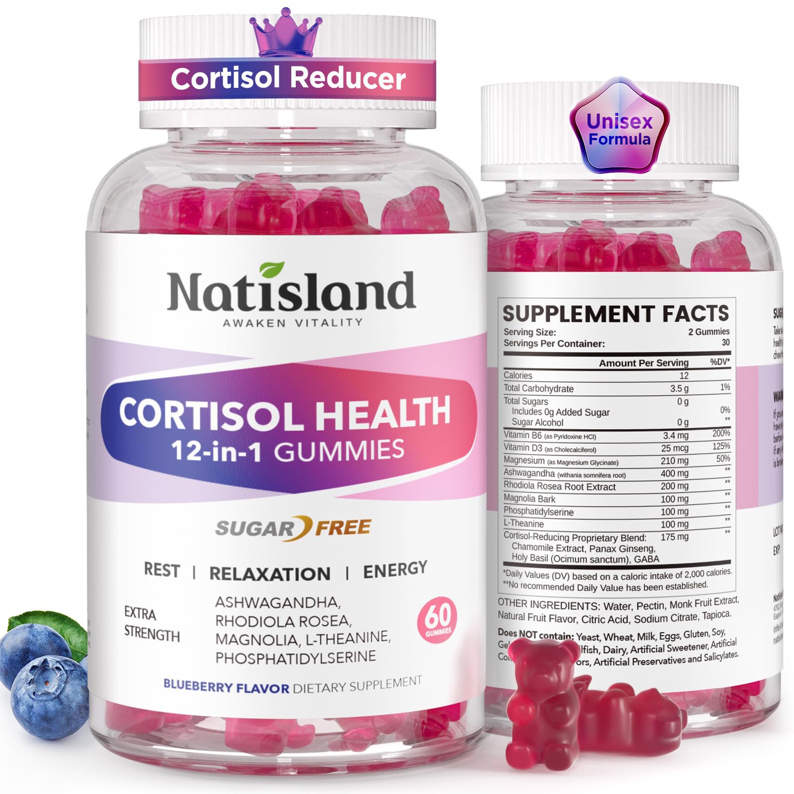 Cortisol Gummies, 12-in-1 Cortisol Reducer, with Magnesium Glycinate, Ashwagandha, L-Theanine, Phosphatidylserine, Vitamin B6 & D3, Rhodiola Rosea, for Men & Women, Sugar-Free, Vegan, NON-GMO, 60CT NATISLANDBuy Supplements Australia