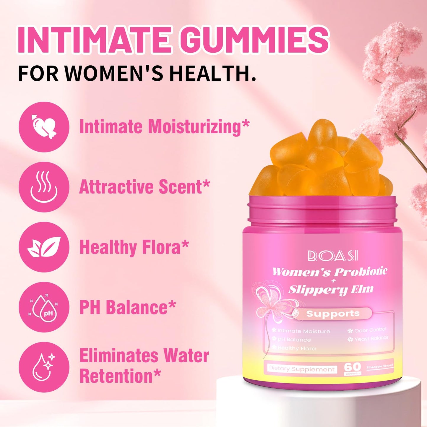 Boasi Women's Probiotics Slippery Elm Gummies,Her Juicy PH Balance,Vaginal Feminine Probiotics Pineapple Gummies,Digestive,Immune Health