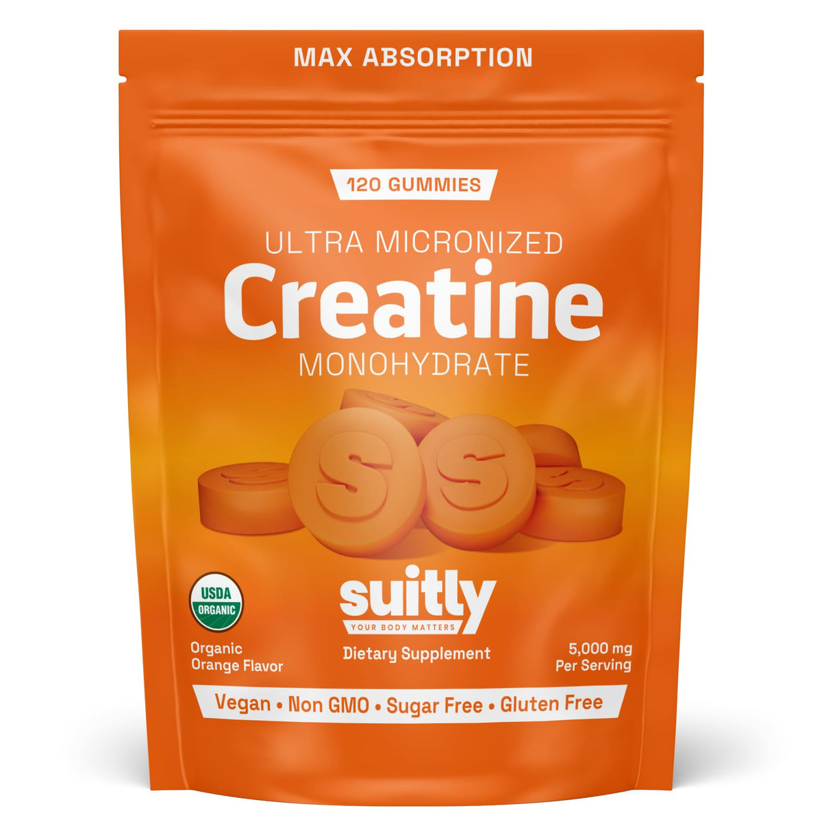 USDA Organic Ultra-Micronized Creatine Gummies for Men & Women; Orange Max Absorption 5g Creatine Gummies Sugar Free for Muscle Gain, Energy & Recovery; Muscle Builder for Women with Pouch - 120 Count SuitlyBuy Supplements Australia