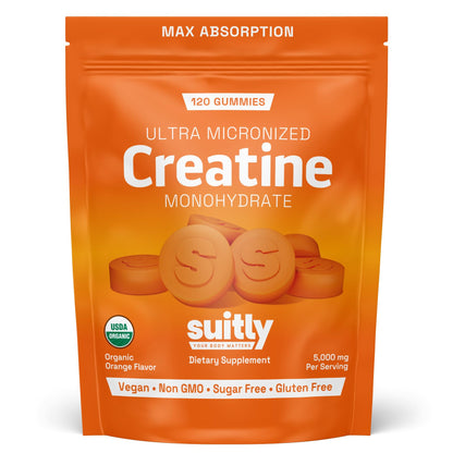 USDA Organic Ultra-Micronized Creatine Gummies for Men & Women; Orange Max Absorption 5g Creatine Gummies Sugar Free for Muscle Gain, Energy & Recovery; Muscle Builder for Women with Pouch - 120 Count SuitlyBuy Supplements Australia