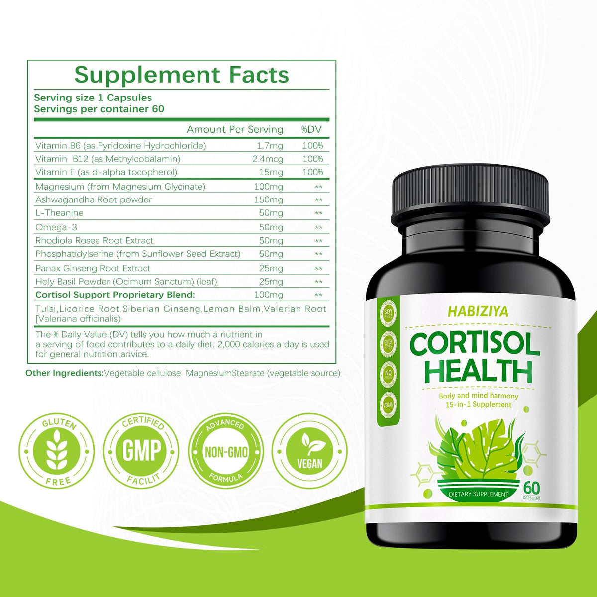 HABIZIYA Cortisol Manager Supplement for Women and Men Adrenal Support with Ashwagandha, Rhodiola Rosea, Holy Basil, Mood & Sleep Support - Non-GMO, Vegan Capsules (60 Count) HABIZIYABuy Supplements Australia