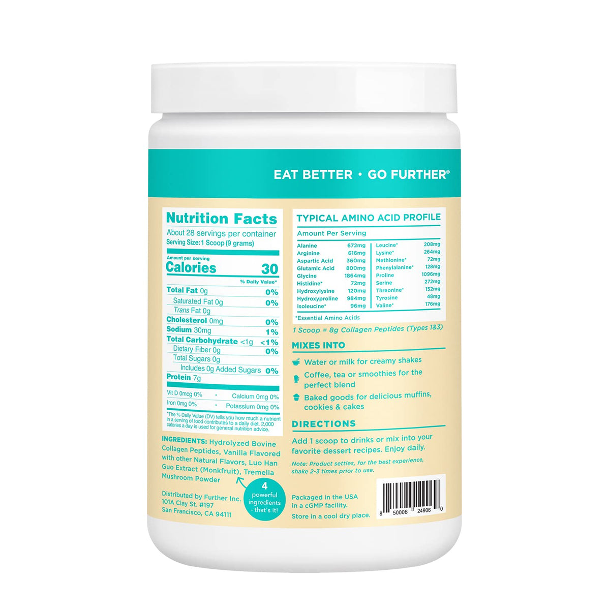 Further Food Collagen Peptides Powder Vanilla Flavored Keto Grass-Fed Collagen Type Further FoodBuy Supplements Australia
