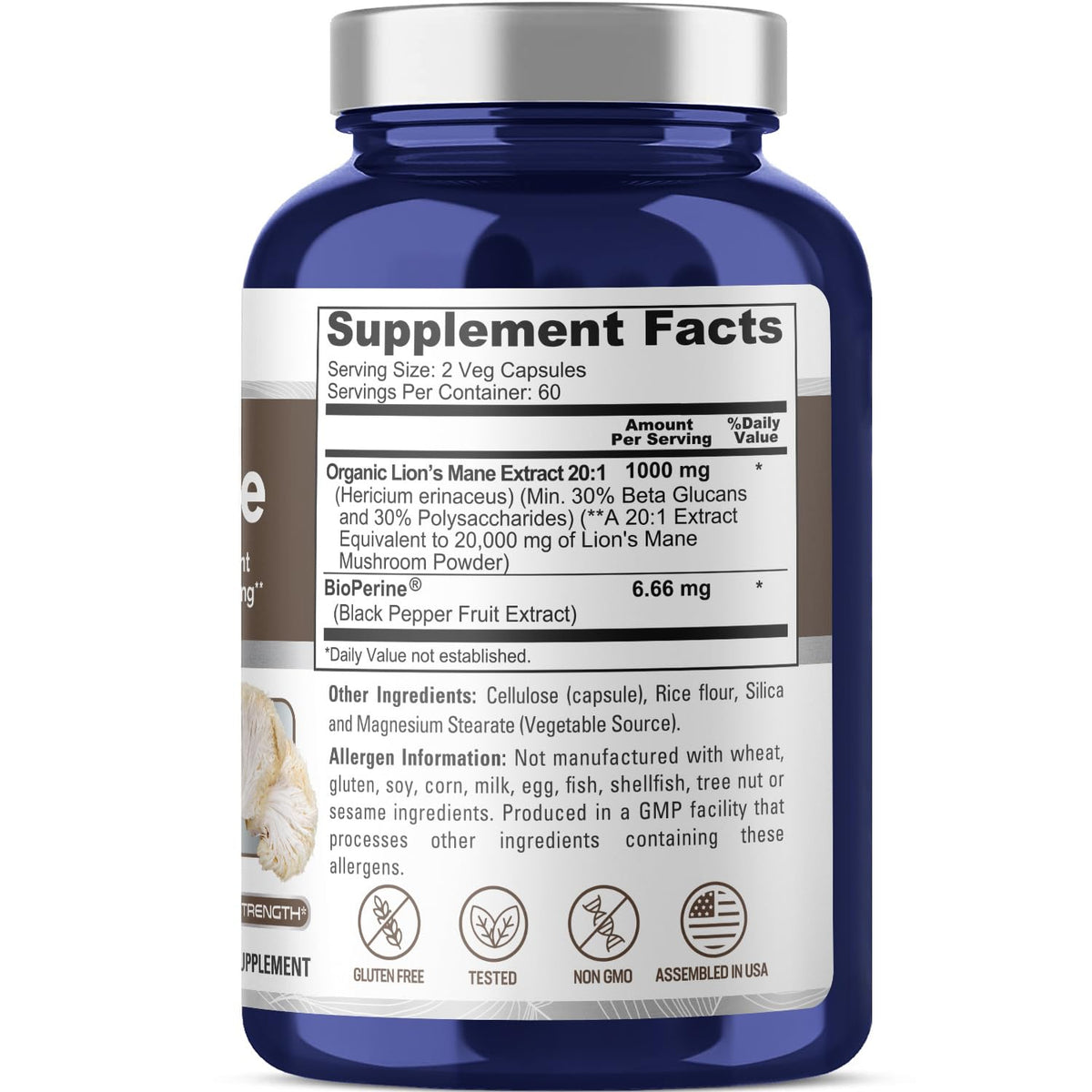 NusaPure Lions Mane 20:1 Extract (20,000 mg Equivalent) - Made with Organic Lion`s Mane, Bioperine - 30% Polysaccharides - 120 Veggie Caps. Non-GMO, Gluten Free NusaPureBuy Supplements Australia