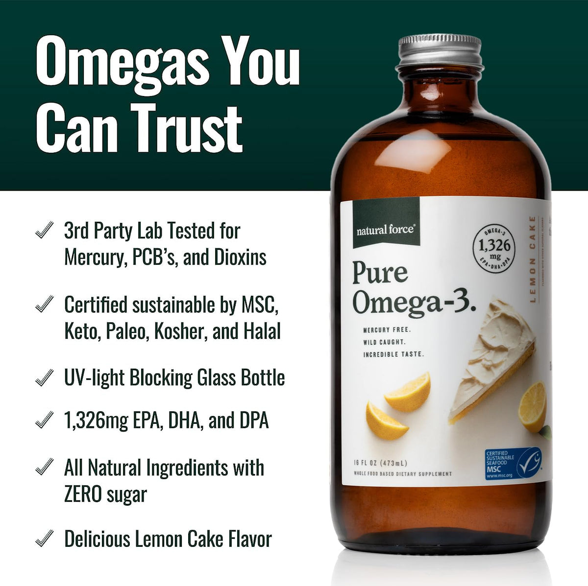 Natural Force Pure Omega 3 - Liquid Fish Oil - Delicious Lemon Cake Flavor - Mercury Free, Wild Caught, Lab Tested - 1,326 mg Triglyceride EPA, DHA, & DPA - 16 Oz Glass Bottle Natural ForceBuy Supplements Australia